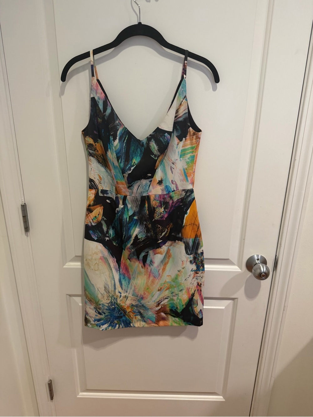 Black Halo Multicolor Abstract Print V-Neck Slip Dress